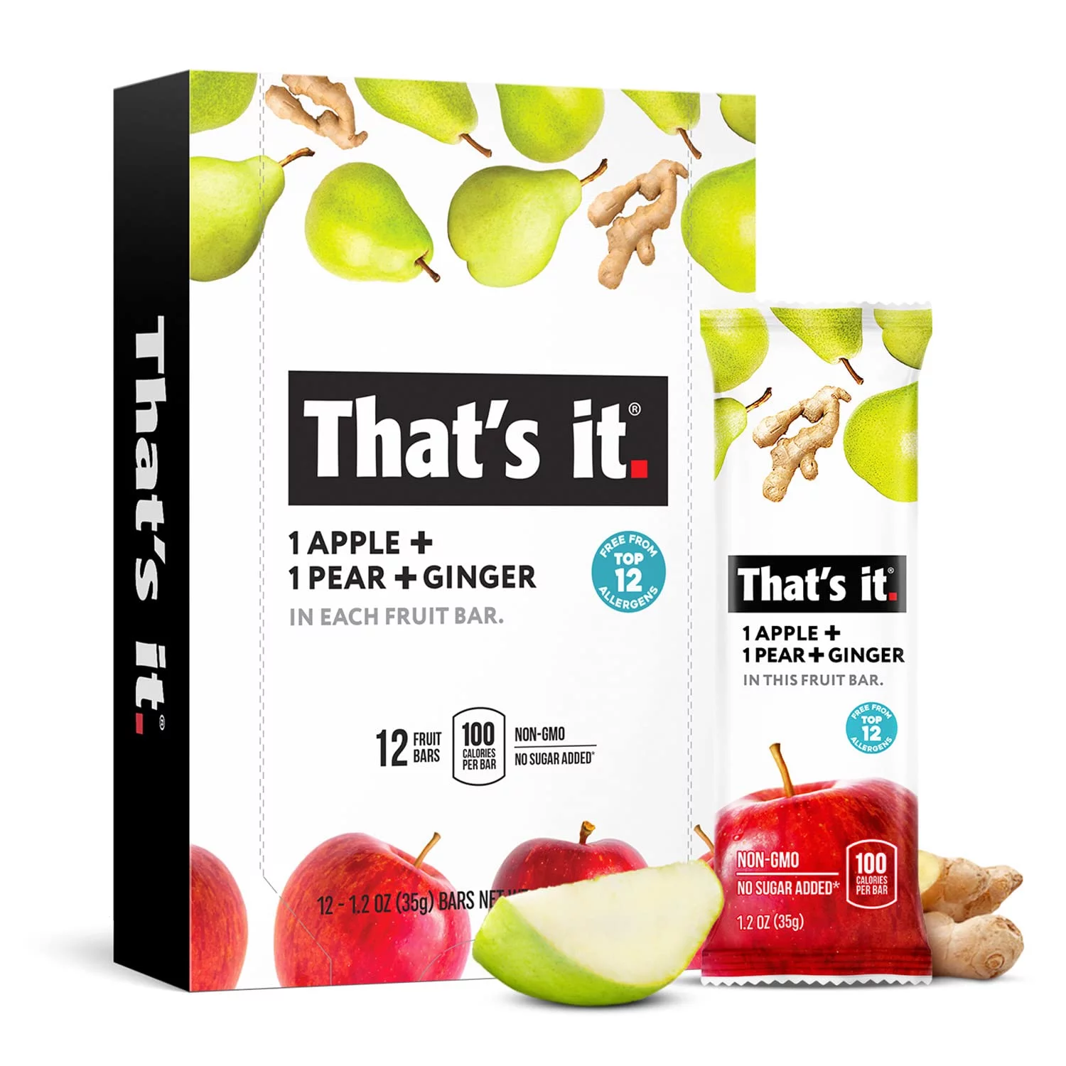 That,S It Apple+Pear+Ginger 100% Natural Real Fruit Bar, Best High Fiber Vegan, Gluten Free Healthy Snack, Paleo For Children & Adults, Non Gmo No Added Sugar, No Preservatives Energy Food (12 Pack)