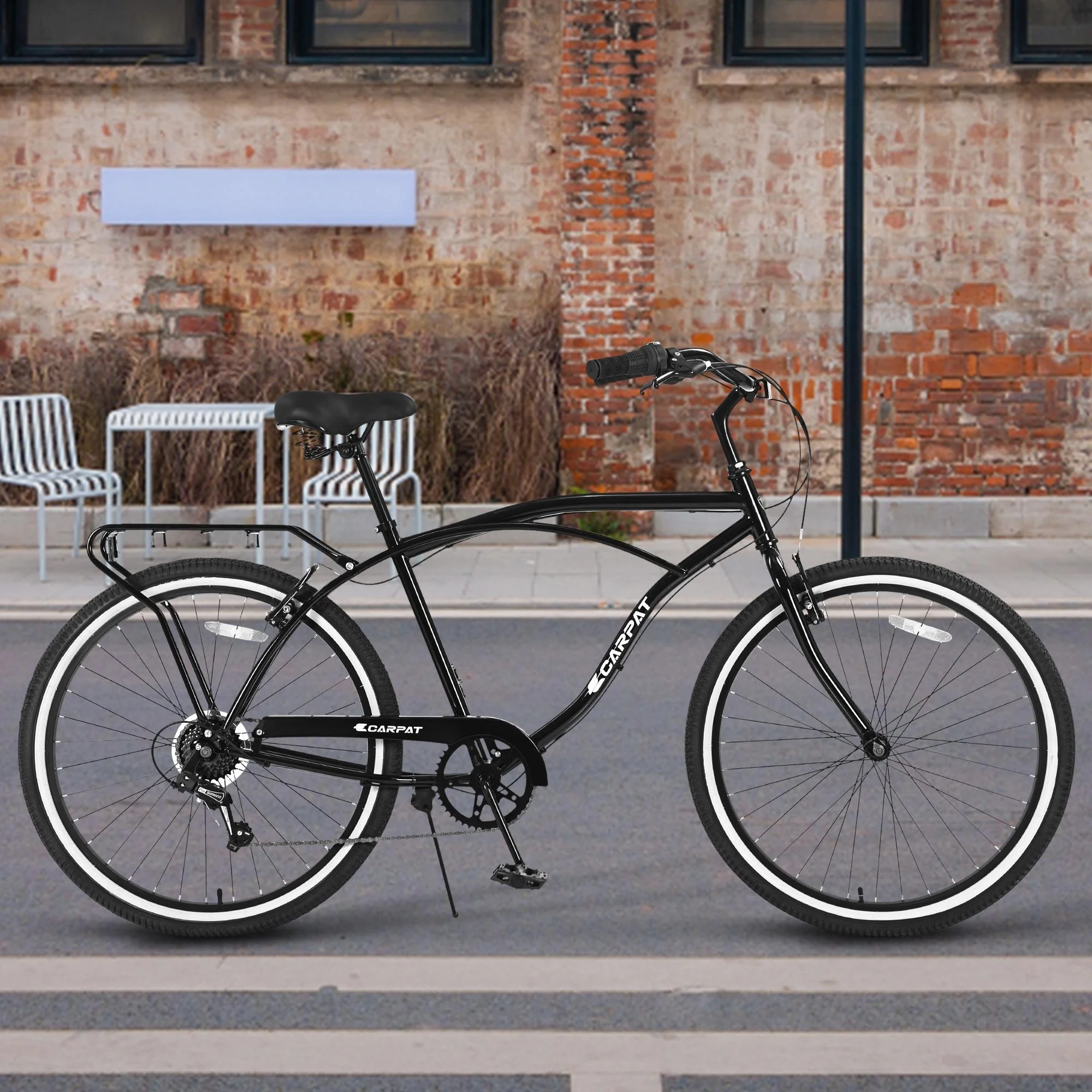 26-inch Bicycle with 7 Speeds, SEGMART Upgrade Adult Bike with Adjustable Beach Seat, Lightweight Steel Beach Cruiser Bike with Rear Cargo Rack, Black