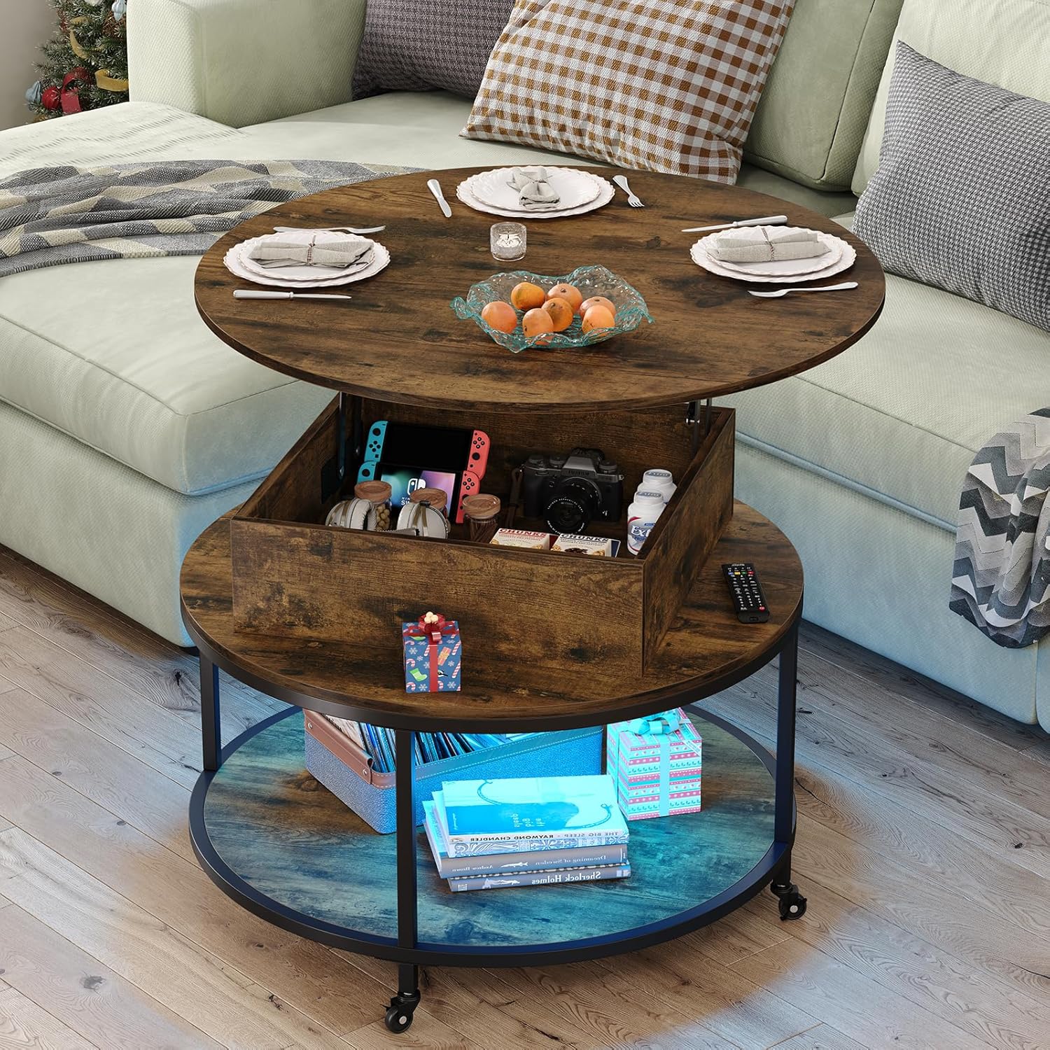 35.43''W Lift Top Round Coffee Table, Coffee Table with 2-Tier Storage, Modern Led Circle Coffee Table with Hidden Storage Compartment & Wheels Dining Table for Home, Rustic Brown