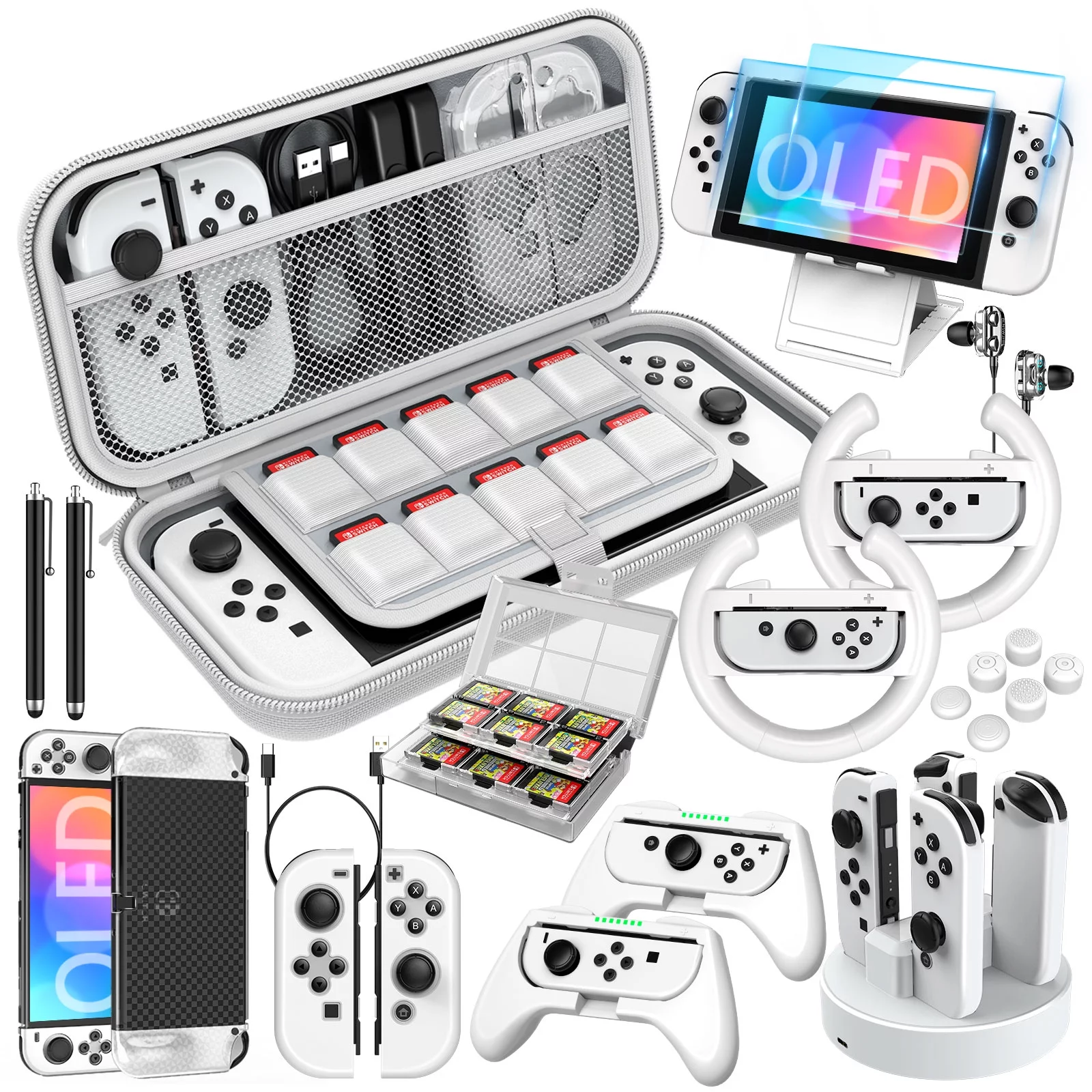 HEYSTOP Switch OLED Accessories Bundle 27 in 1 Compatible with Nintendo Switch OLED ,Switch OLED Carry Case,Dockable Protective Case Cover,Grip Cover,Screen Protector,Game Cards Case,Grip Charge Dock,