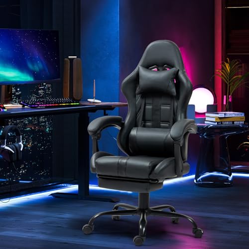 Massage Gaming Chair w/Footrest, Ergonomic High Back PC Chair w/Headrest and Lumbar, PU Swivel Home Desk Office Chair, Black