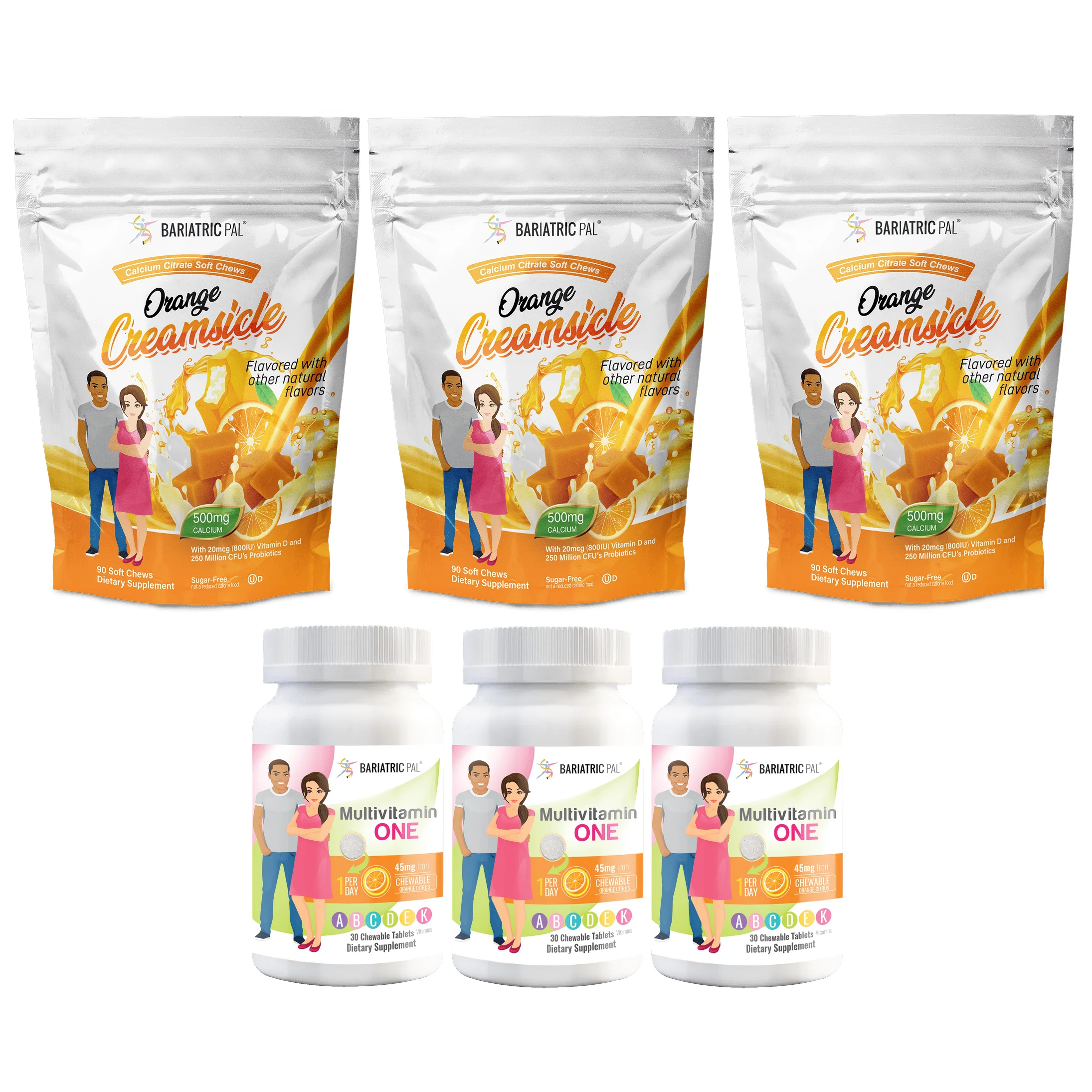 Duodenal Switch Vitamin Pack - Chewables Size: 3-Month Supply, BariatricPal Multivitamin ONE: Orange Citrus Chewable with 45mg Iron, BariatricPal Calcium Citrate Soft Chews: Orange Creamsicle