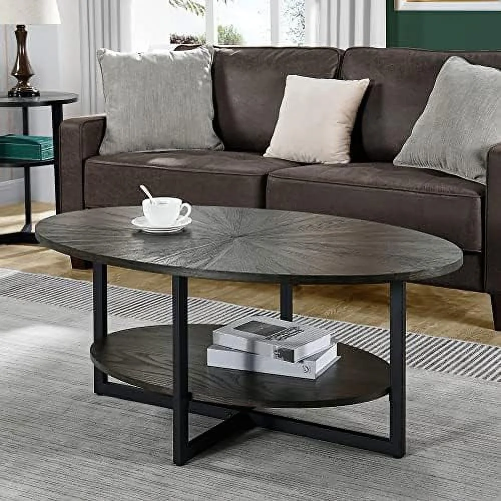 TJUNBOLIFE Oval Coffee Table with    43.3\u201D Farmhouse Sofa Center Table with Umbrella Shaped Top  Solid Wood Living Room Cocktail Table for Office  Easy Assembly  Rustic Brown KFZ1811