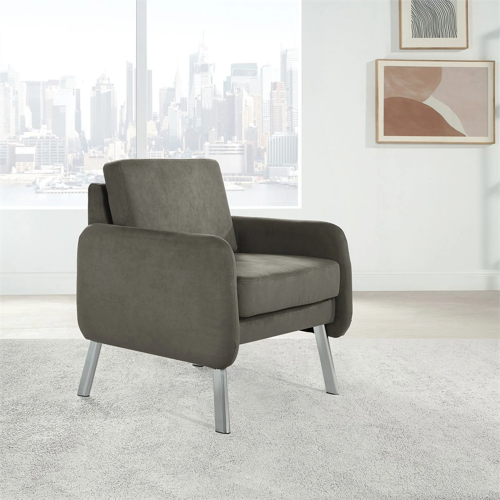 Lounge Chair in Charcoal Fabric with Chrome Legs