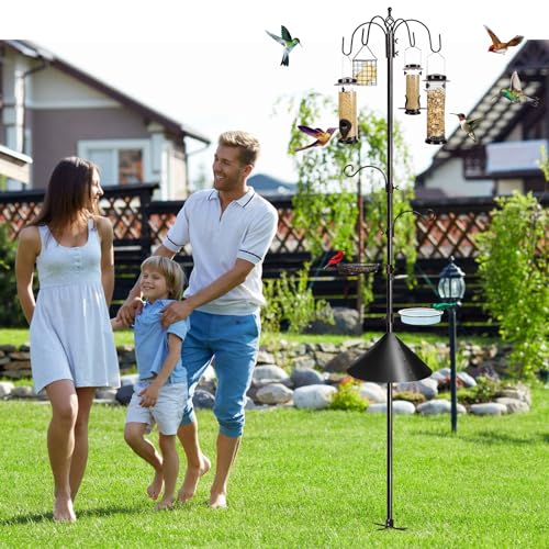 6-Hook Bird Feeding Station Kit, Wild Bird Feeder Stand Pole, Multi-Feeder Kit Stand with 4 Feeders, Bird Bath and Mesh Tray, 94 Inch