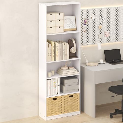 Furinno Gehry 5-Tier Bookcase, Bookshelf with Adjustable Shelves, White