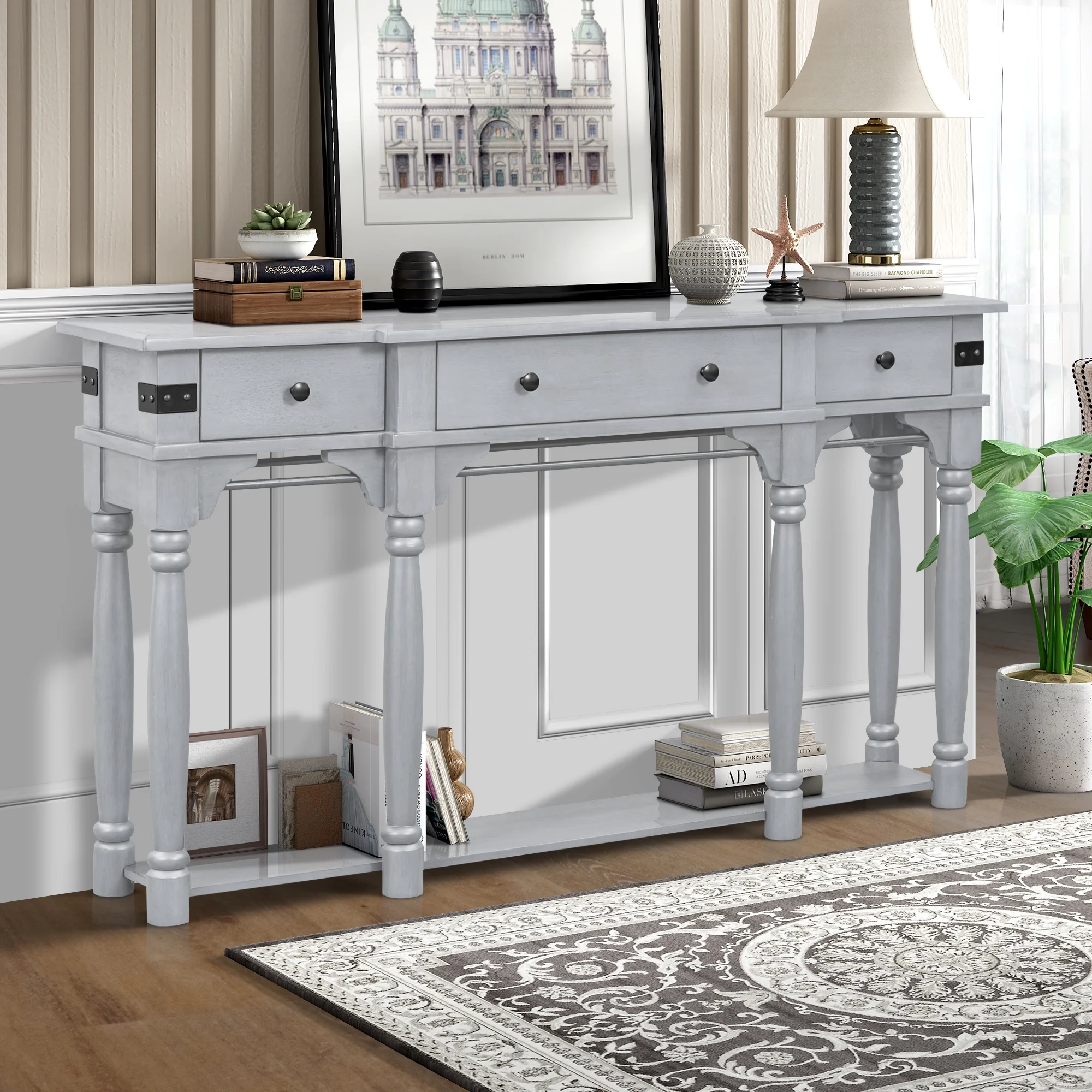 Atumon Storage Console Table, Sofa Side Table, Retro Console Table with 3 Drawers and Bottom Shelf, Wood Console Table, Buffet Sideboard for Entryway Hallway Living Room, 60