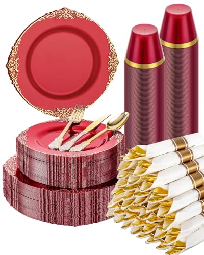 Goodluck 350 Piece Rose Gold Plastic Dinnerware Set for 50 Guests,Fancy Disposable Plates,Include: 100 Rose Gold Rim Plastic Plates,150 Silverwares,50 Pre Rolled Napkins,50 Cups for Party,Wedding