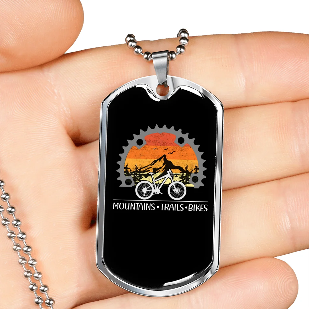 Mountains Trails Bikes Cycling Necklace Stainless Steel or 18k Gold Dog Tag 24