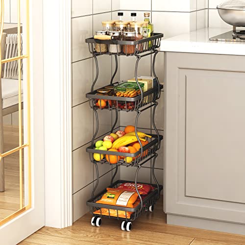 4 Tier Slim Fruit Basket for Kitchen, Stackable Metal Wire Fruit Vegetable Storage Baskets Organizer Stand on Wheels, Produce Basket Potato Onion Storage Bins Rack for Pantry. (Black)