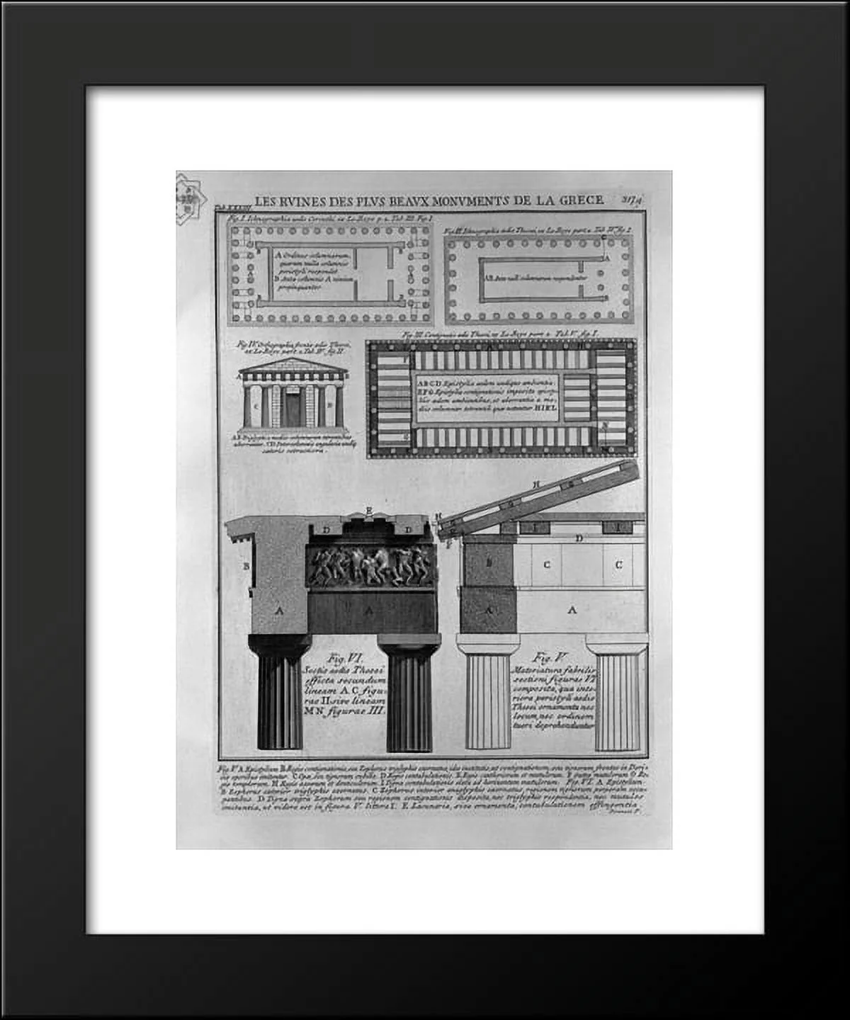 Plan, elevation and details of Doric temples in Greece (from Le Roy) 20x24 Fr...