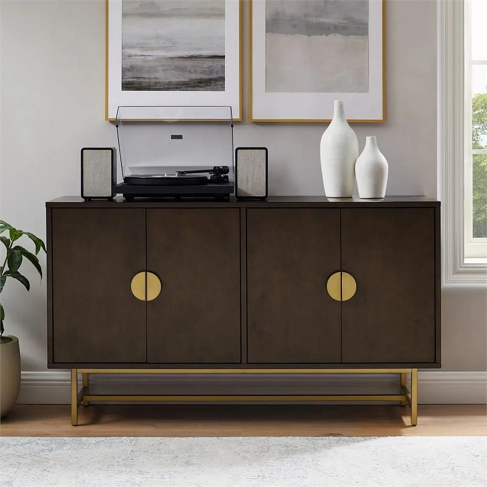Crosley Furniture Blair Mid-Century Wood/Steel Sideboard in Dark Brown/Gold