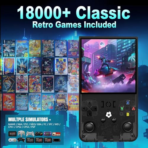 R36Max Handheld Game Console, Portable Mini Retro Handheld Game Console, 4.0 Inch IPS Video Gaming Console with 64GB TF Card Over 18000+ Pre-Installed Retro Games, 4000mAh Battery (New Black)