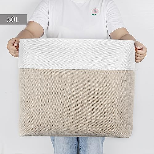 Storage Bins Large Fabric Storage Baskets for Shelves 3 Pack, Decorative Linen Closet Baskets with Handles for Organizing, Shelf, Clothes, Home, Office, 15x11x9.5Inches (Beige&White)
