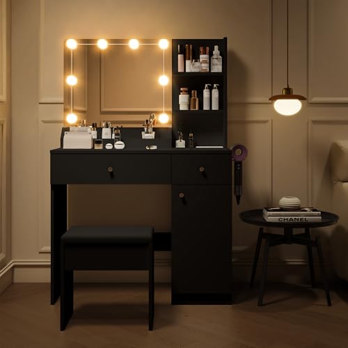 Vanity Desk with Mirror and Lights Dimmable LED Makeup Table with Drawers Side Cabinet 3 Storage Shelves Power Outlet Dressing Table Set Include Holder Cushioned Stool for Bedroom(White)