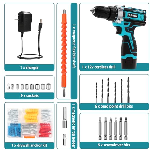 Cordless Drill Set - Power Drill Cordless Set Variable Speed, Electric Drill 18+1 Torque Setting, Cordless Drill Built-In Led Light, Level and 2 Driver Bits yellow