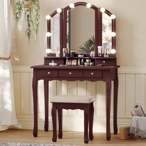 Tiptiper Vanity Table Set with Lighted Tri-Folding Mirror, Makeup Vanity with Lights & 3 Color Lighting Modes, Vanity Desk with Mirror and Cushioned Stool, Makeup Table with 5 Drawers, White