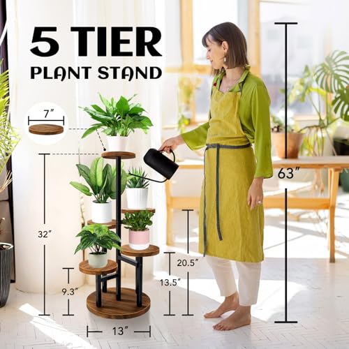 AUGOSTA 5 Tier Plant Stand, Tall Metal Wood Shelf Holder for Indoor Plants, Outdoor Garden Plant Display Rack Flower Pot Stand for Corner Living Room Balcony Garden Patio