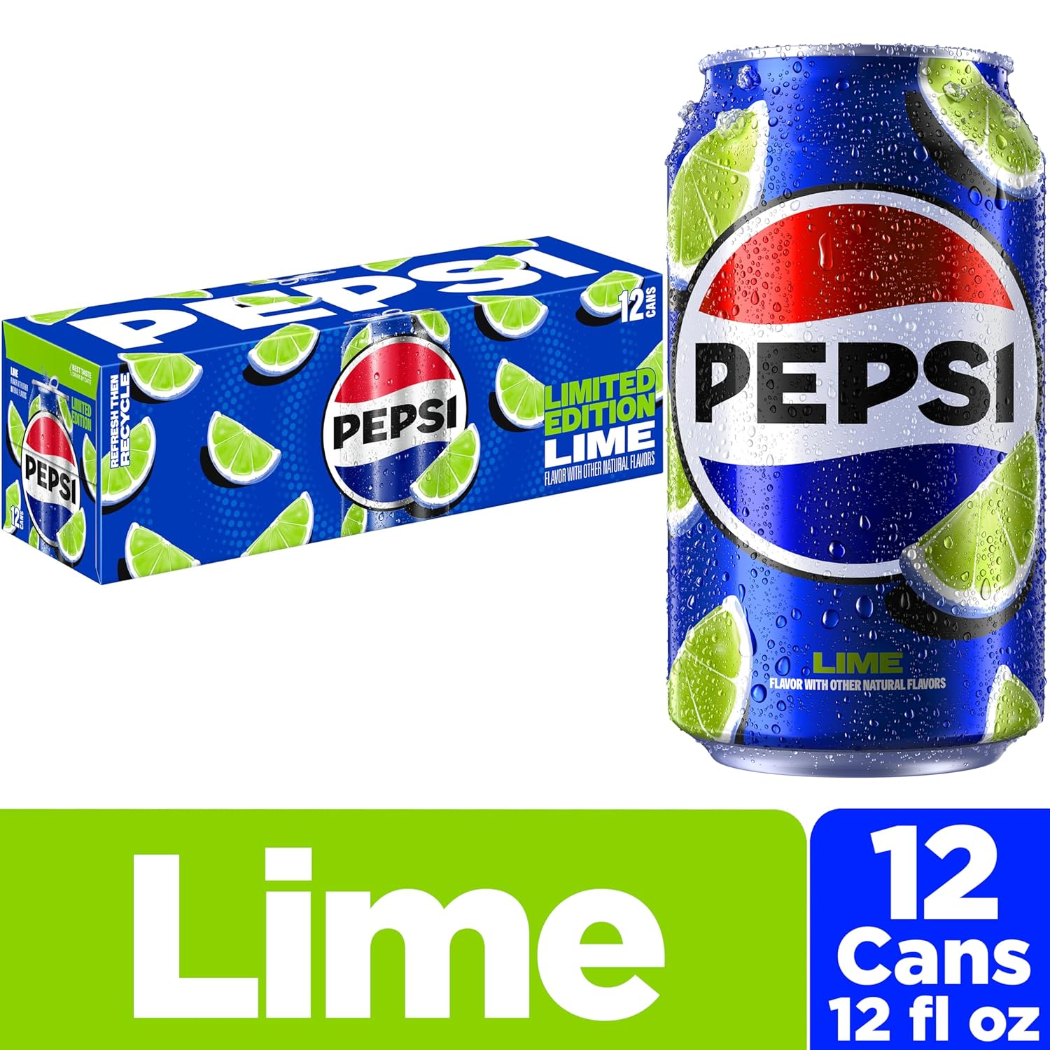 Pepsi Cola Soda Pop, Lime, 12 fl oz Cans, 12 Pack