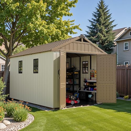 Patiowell 8 x 12 FT Plastic Outdoor Storage Shed with Floor, Resin Shed with Window and Lockable Door for Garden, Backyard, Tool Storage Use, Easy to Install in Beige (Kick-it Shed)