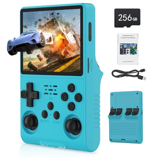 FVBADE [30000 in 1 R40S PRO Handheld Game Console 3.5 inch IPS Screen Mini Retro Console 3800mAh Portable Pocket Arcade 12+ Mainstream Emulator 256G TF Card Transparent(Blue)