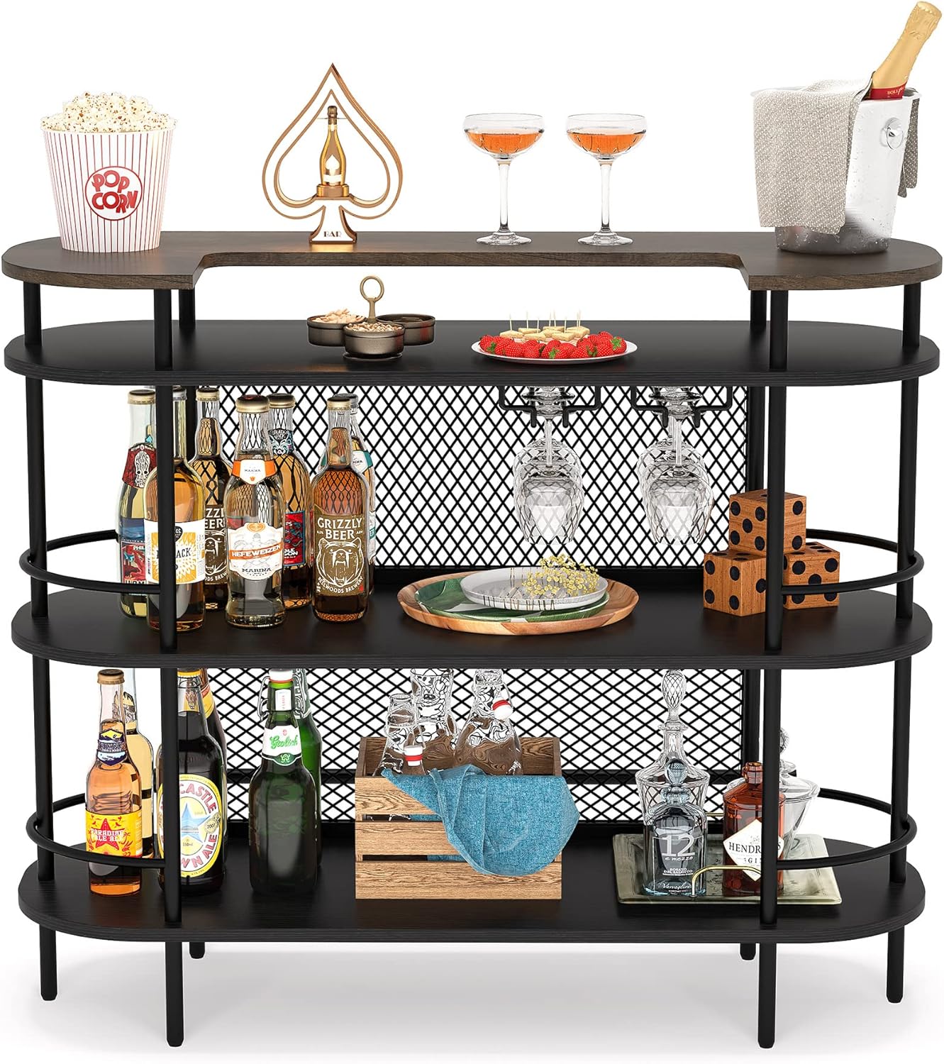 4 Tier Bar Cabinet Bar Unit for Liquor with Storage Shelves, Foot Rail and Wine Glasses Holder for Home/Kitchen/Bar/Pub, Black and Walnut
