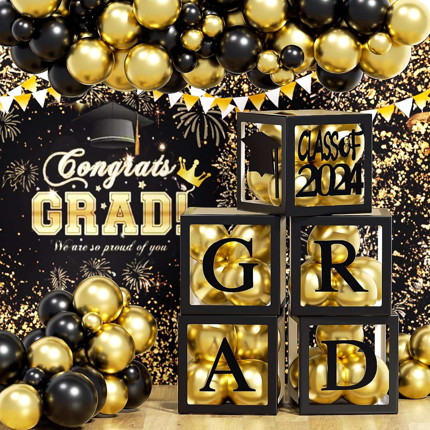 5Pcs Graduation Decorations Balloon Boxes for Graduation Decorations Class of 2024, Black Boxes with 
