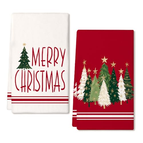 Merry Christmas Kitchen Towels Set of 2,Red Xmas Tree Dish Hand Towels Holiday Home Indoor Bathroom Party Seasonal Noel Decorations DD025