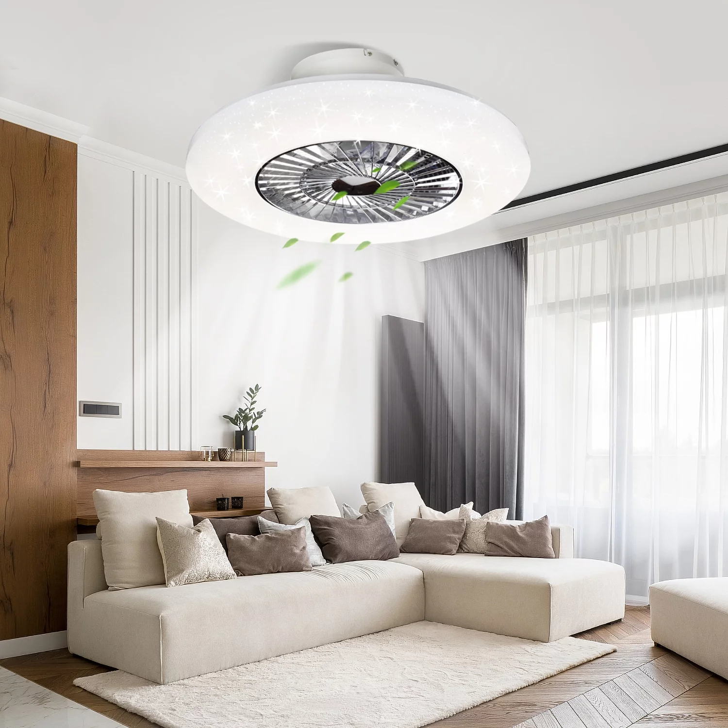 Depuley Bladeless Flush Mount Ceiling Fan with Light and Remote White Low Profile Ceiling Fan Lights Smart Ceiling Fan Light for Living Room Bedroom Kitchen