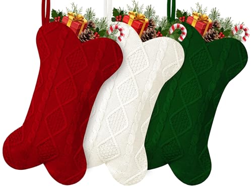 3 Pack Dog Christmas Stocking, 18 Inch Large Double Side Knitted Christmas Stocking for Dogs, Bone Shaped Hanging Dog Stocking for Dogs Pets