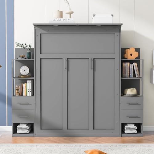 Harper & Bright Designs Gray Queen Murphy Bed with Storage Shelves, Drawers and LED Light, Cabinet Queen Bed with Flexible Slats Support, Wood Foldable Wall Bed Frame for Home Office Studio