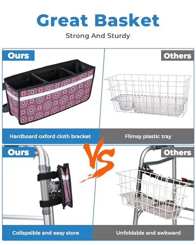 ISSYAUTO Walker Basket, Strap Mount Walker Cup Drink Holder with Two Split Board, Foldable Walker Storage Bag, Best Present for Family and Friends - Gray (Not Fit Rollator Walkers)