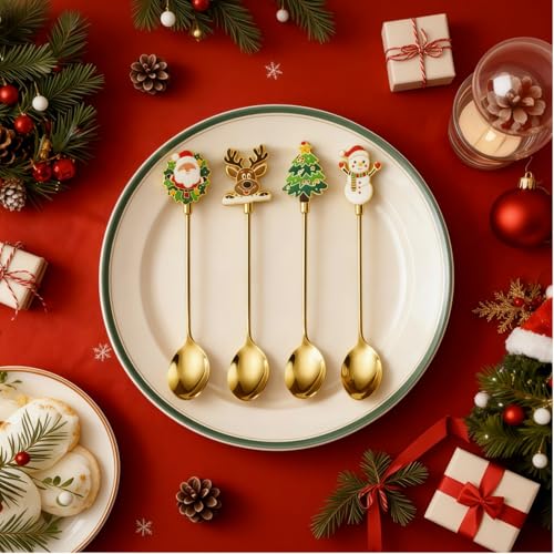 Christmas Teaspoon Gift Set of 4 |Premium 5.6 Inch Stainless Steel Small Spoon | Coffee Spoons for Dessert & Tea | Christmas Decorations Indoor & Kitchen Decor | Hostess Gifts