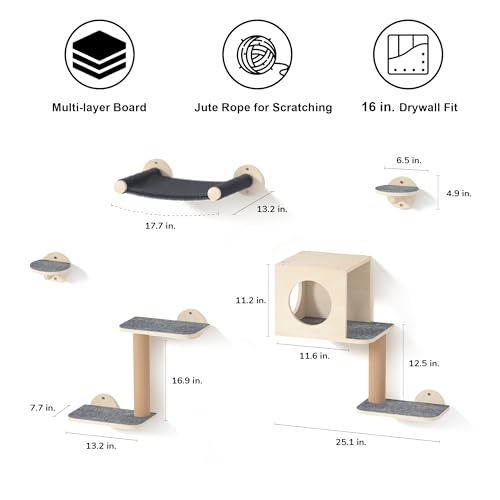 FUKUMARU Cat Wall Shelves, 5-Piece Stable Wooden Wall-Mounted Furniture Set, Kitty Climber with Hammock, House, Steps, Scratching Post (Gray)