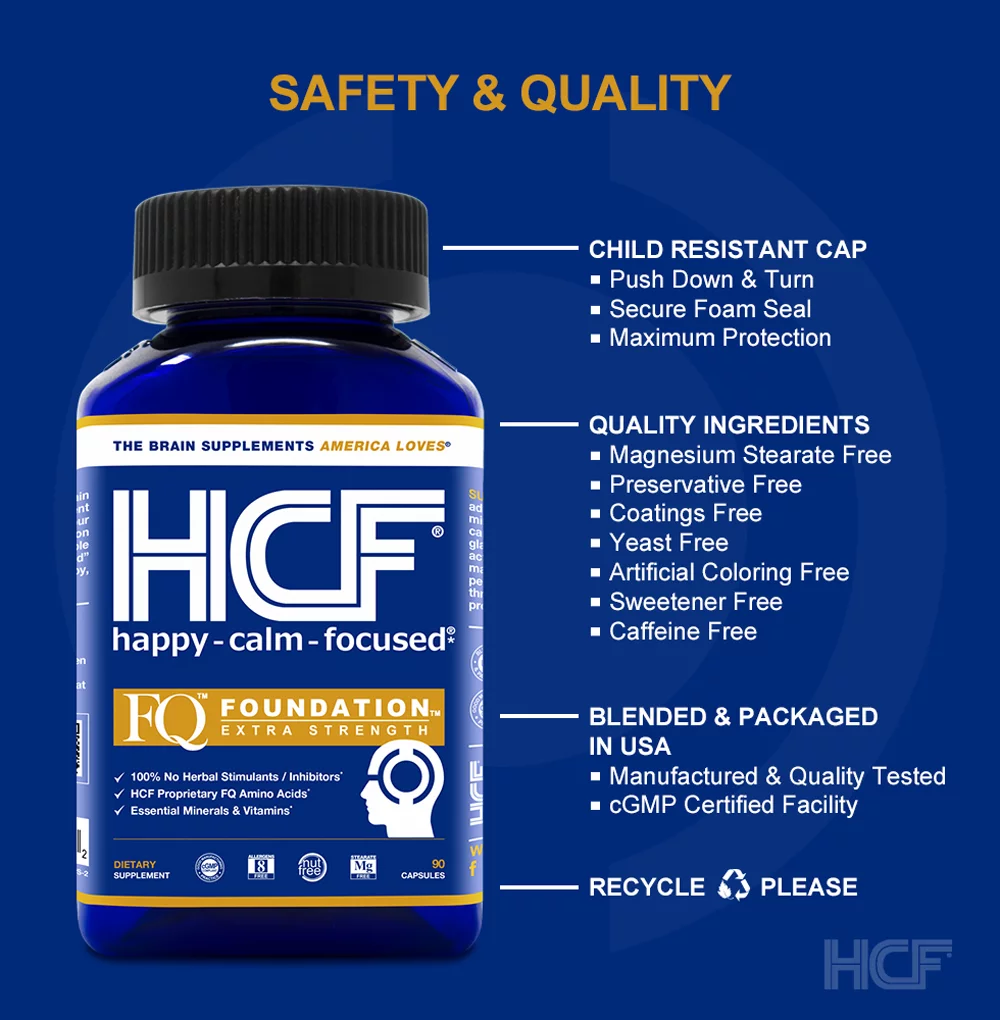 HCF Happy, Calm & Focused - Brain Focus, Attention, Concentration & Mood Supplement (3-Pack) - FQ Foundation Amino Acids, Vitamins & Minerals - 100% No Herbal Stimulants - Non-GMO Project Verified