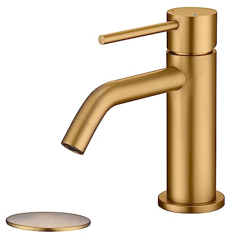 Brushed Gold Vessel Sink Faucet with Pop Up Drain and Supply Lines, Stainless Steel Gold Vanity Faucet Single Hole, JXMMP Single Handle Bathroom Faucet Gold, JXM1001BG