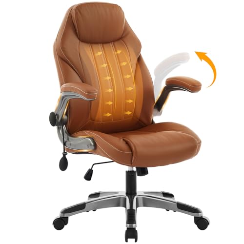 Office Desk Chair, Ergonomic Computer Chair with Padded Flip-Up Arms and Adjustable Lumbar Support, PU Leather Executive Chair with Tilt Lock and 360° Swivel Rolling Wheels for Work, Study