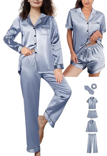 6Pcs Womens Silk Satin Pajamas Set XS-XXL Pajama Sets Pjs Set Button Down Pj Sets Sleepwear Loungewear