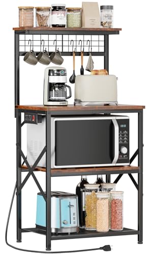 Furologee Kitchen Bakers Rack with Power Outlet, Microwave Oven Stand with Storage 4 Tiers, Coffee Bar Table with 6 S Hooks, Kitchen Storage Shelf Rack for Spices, Pots, Rustic Brown