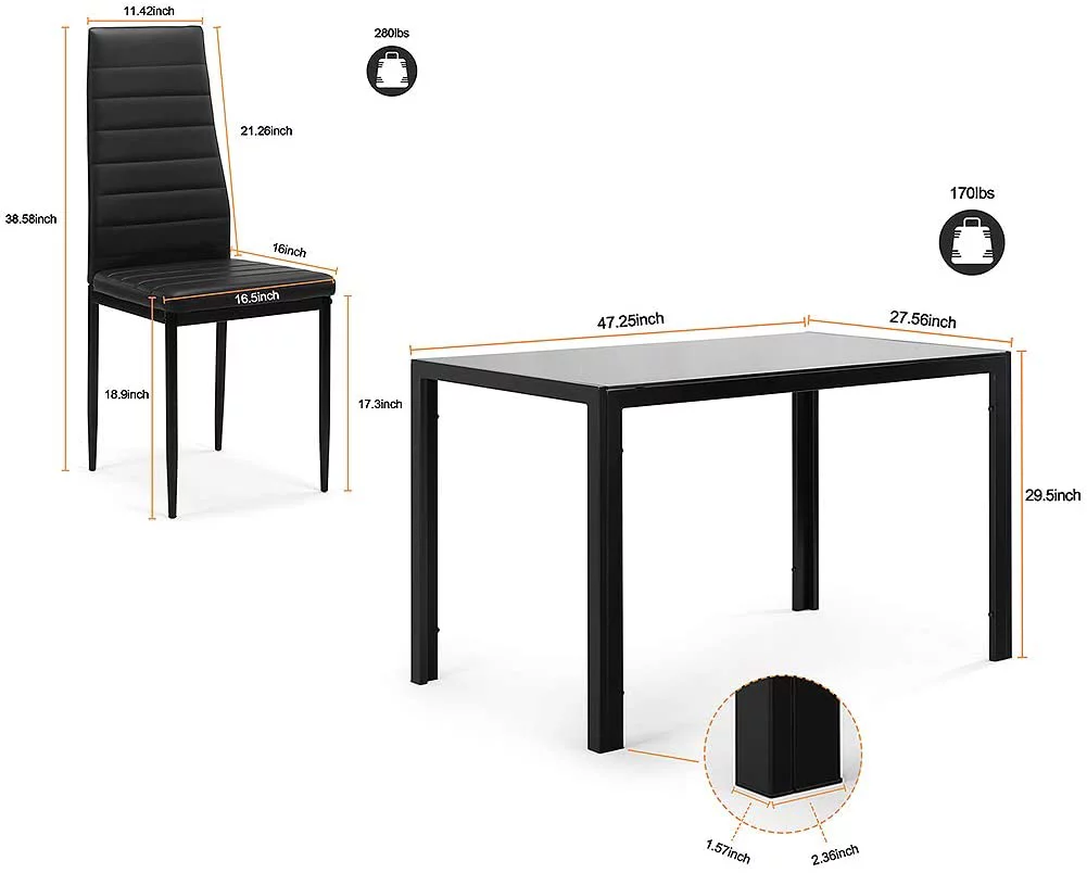 Recaceik Glass Dining Table and 4 PU Leather Chair, Suit 4-6 families, Kitchen Table 29.5