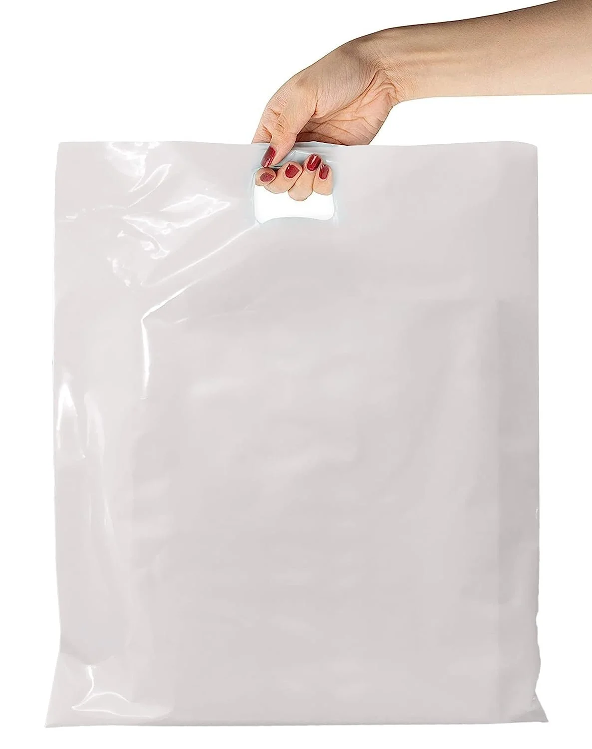 Pack of 500 White Shopping Bags with Die Cut Handle 15 x 18 x 4 Thickness 1.25 Mil. Bottom Gussset. Low Density Polyethylene Bags 15x18x4 Retail Plastic Bags. Poly Bags with Die-Cut Handles.