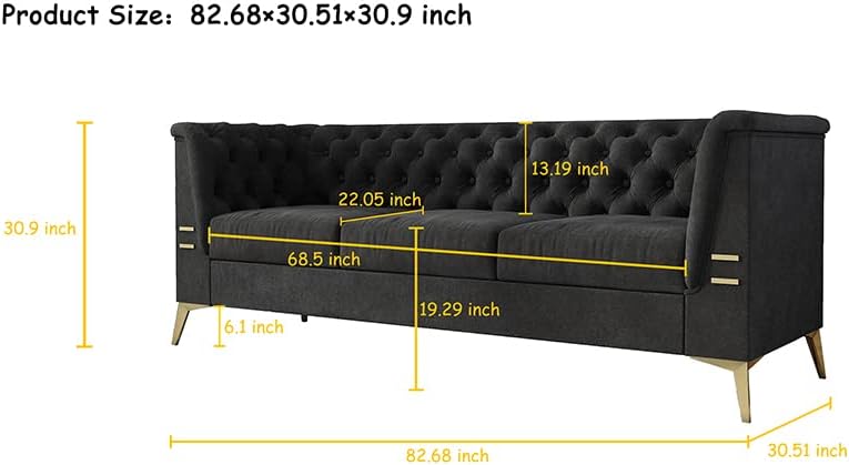 WILLIAMSPACE Chesterfield Sofa 3 Seater Couches Upholstered Tufted Velvet Sectional Sofa for Living Room/Office/Apartment - Dark Grey