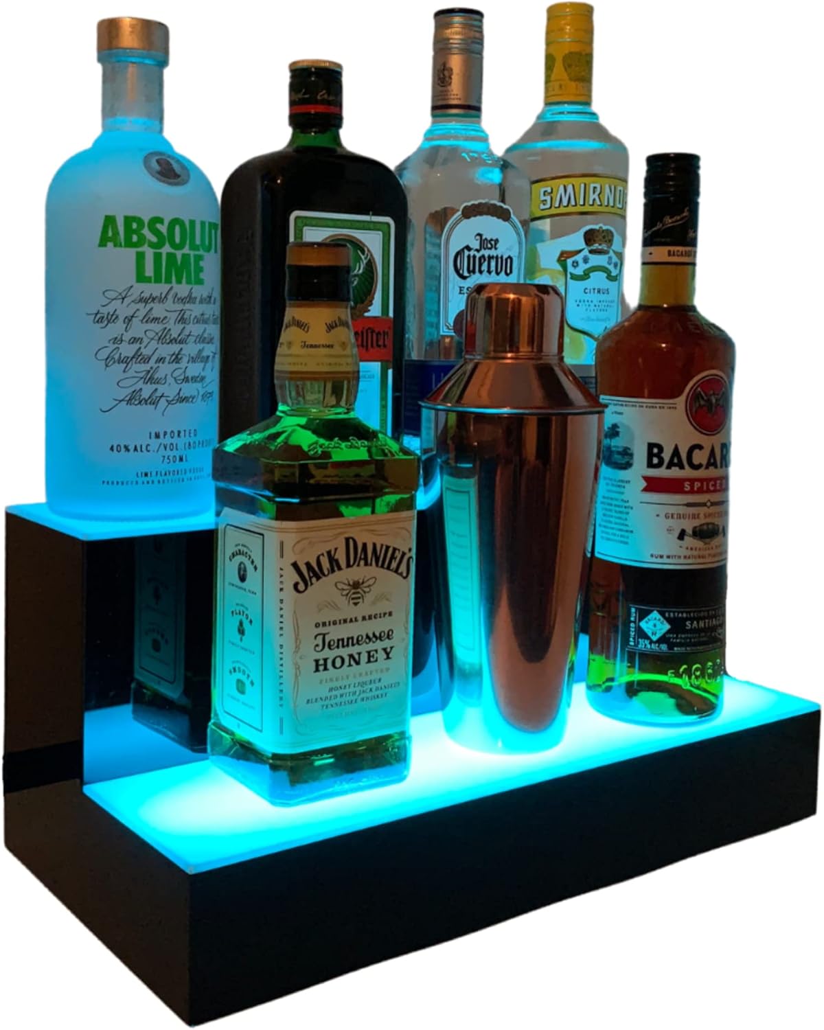 Liquor Bottle Display LED Shelf - 2 Step Multicolor Lighted Bar Stand 16 inch