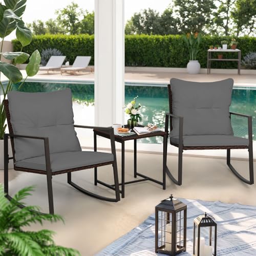 SUNCROWN 3-Piece Patio Bistro Set Outdoor Rocking Chairs Set Brown Wicker Porch Chairs with Glass Coffee Table, Beige Cushion