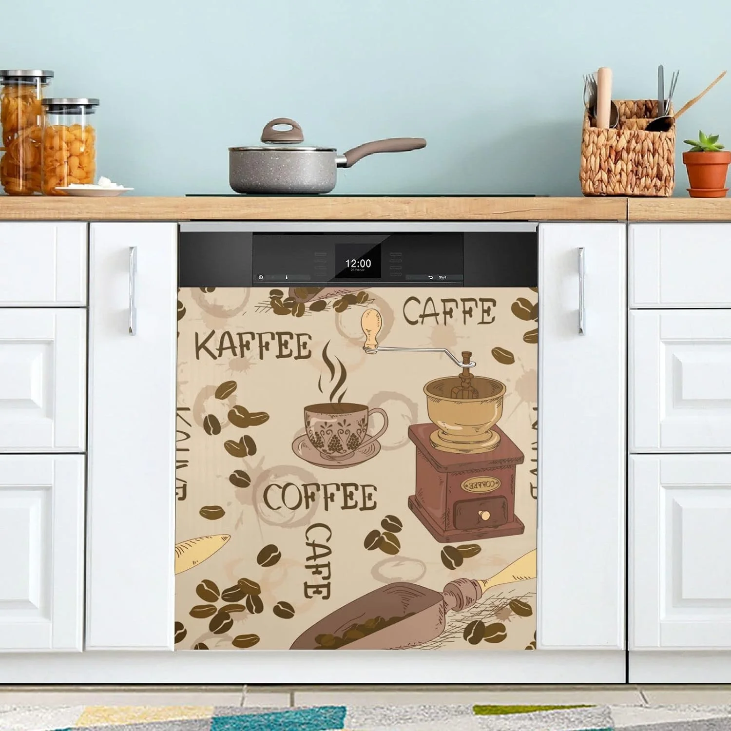 Coffee Cup Beans Scoop Dishwasher Magnet Cover, Dishwasher Refrigerator Magnetic Covers Sticker Panel Decal for Kitchen Appliance Decor, 23