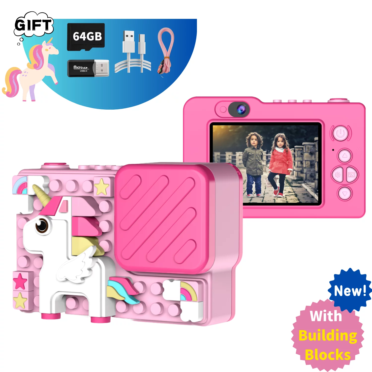 MOPO Kid Camera Unicorn for Girl Digital Camera For Children 3 8 Years With Building Block Dual Lens 2.4 Inch HD Screen 64GB Pink*1