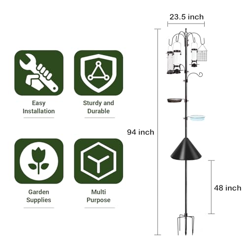 6-Hook Bird Feeding Station Kit, Wild Bird Feeder Stand Pole, Multi-Feeder Kit Stand with 4 Feeders, Bird Bath and Mesh Tray, 94 Inch