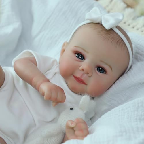 SCOM Lifelike Reborn Baby Dolls Juliette - 18 Inch Adroable Girl Doll, Soft Vinyl Body, Realistic Smiling Baby Dolls, Hand-Painted Hair Real Life Silicone Dolls with Accessories, for Kids 3+ Gifts