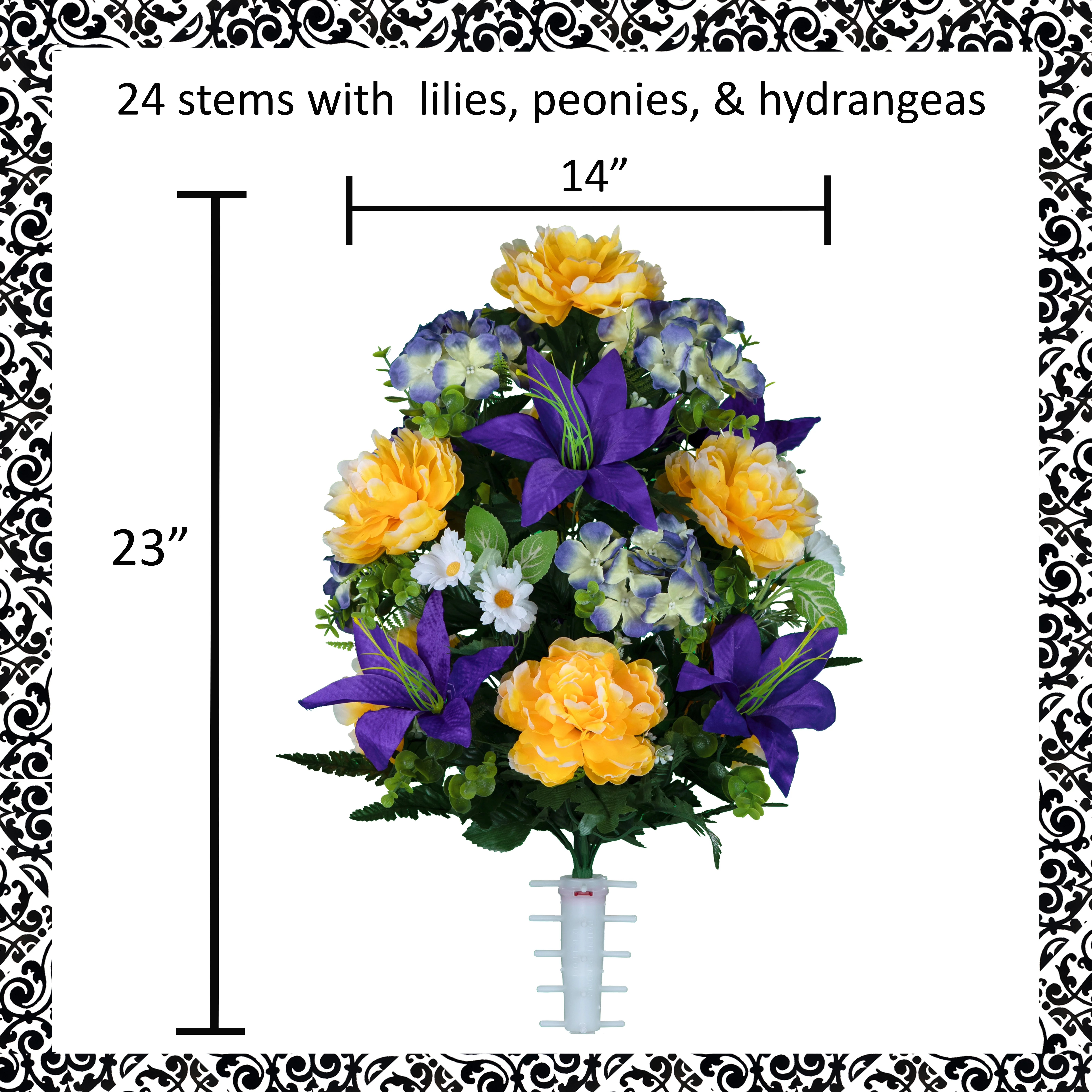 Sympathy Silks Artificial Spring Cemetery Flowers Purple Lily and Yellow Peony Bouquet
