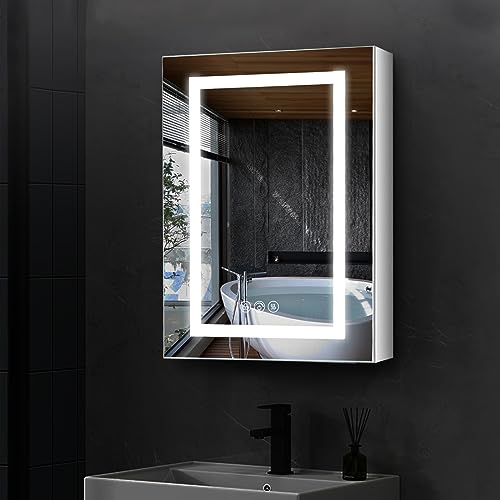 Lighted Medicine Cabinet with Mirror Electrical Outlet,20 X 26 Led Medicine Cabinet Mirror for Bathroom,Internal Light,Recessed Or Surface Wall Mounted, Defogger, Dimmer,Large Angle Hinge